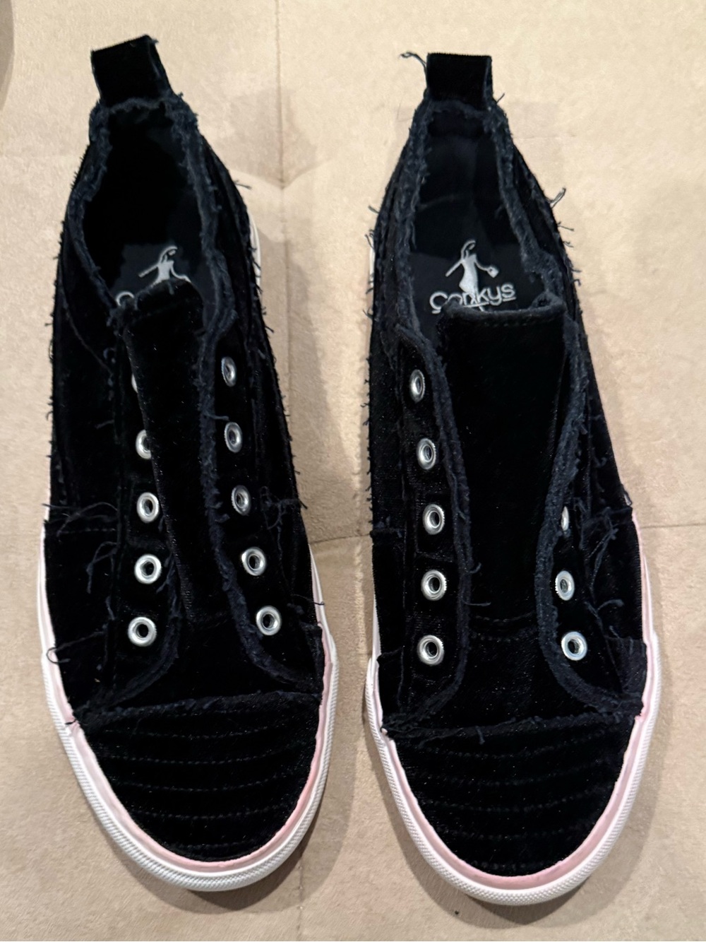 Corkys Black Velvet Slip-On Sneakers with Pink Trim
